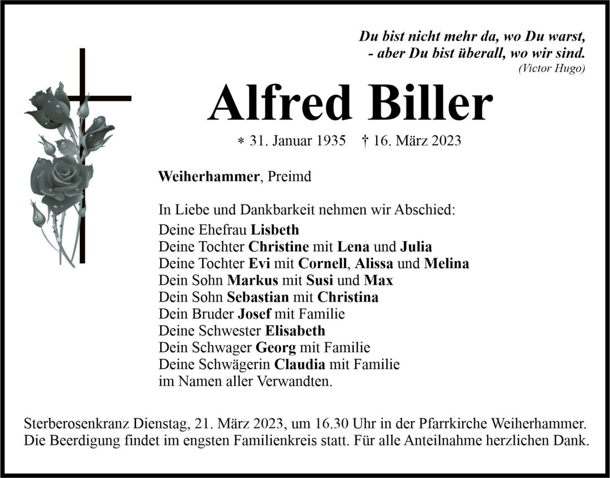 Traueranzeige Alfred Biller, Weiherhammer