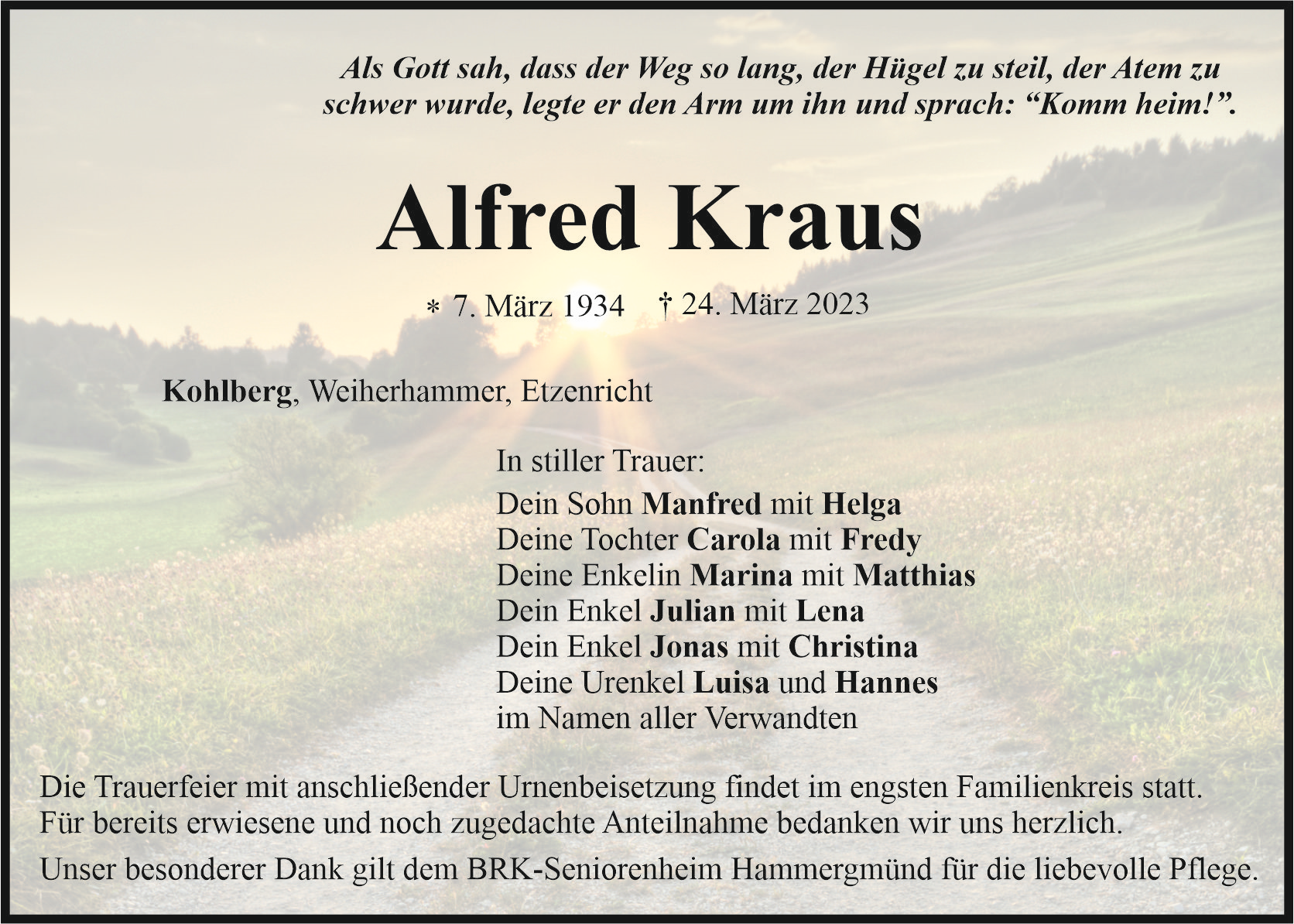 Traueranzeige Alfred Kraus, Kohlberg