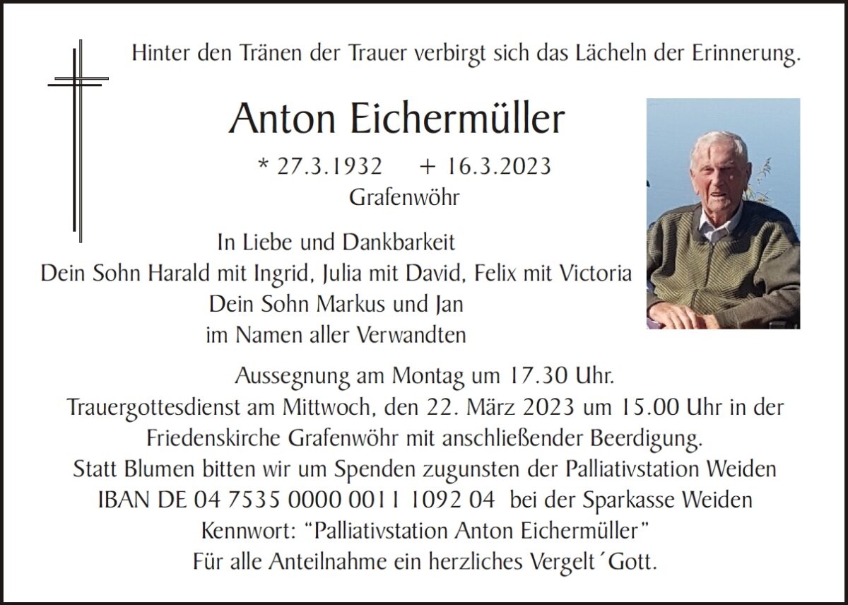 Traueranzeige Anton Eichermüller, Grafenwöhr