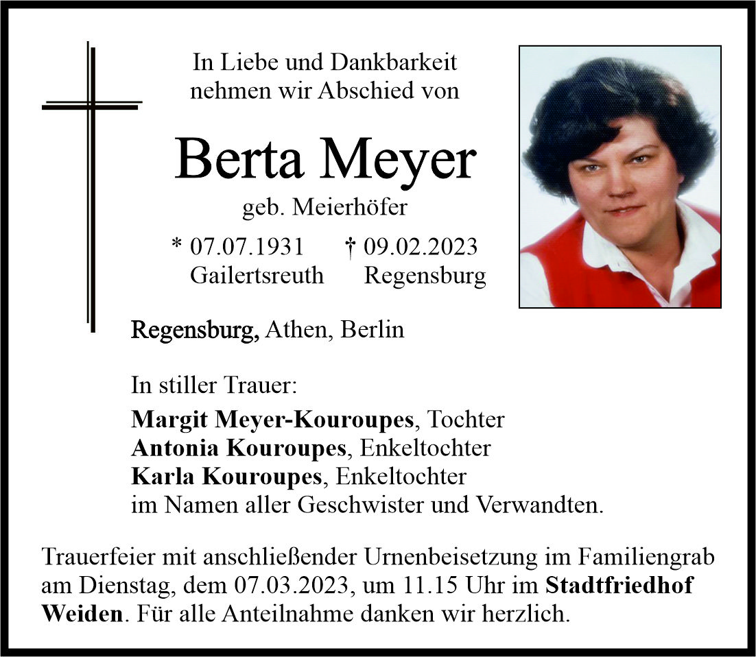 Traueranzeige Berta Meyer, Regensburg