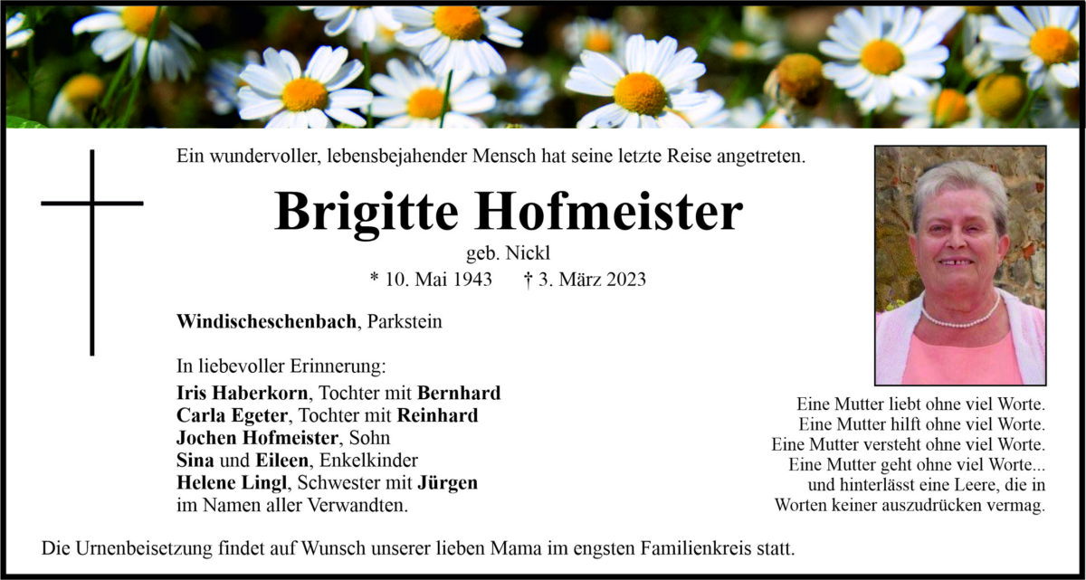 Traueranzeige Brigitte Hofmeister, Windischeschenbach