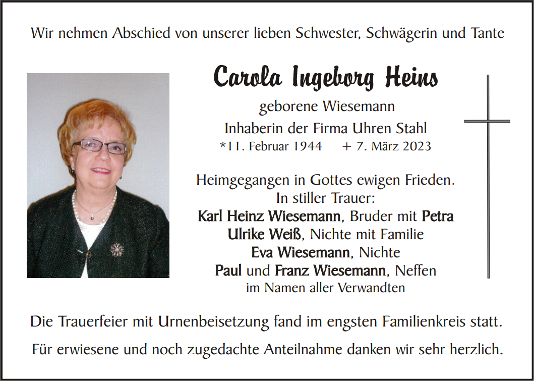 Traueranzeige Carola Ingeborg Heins