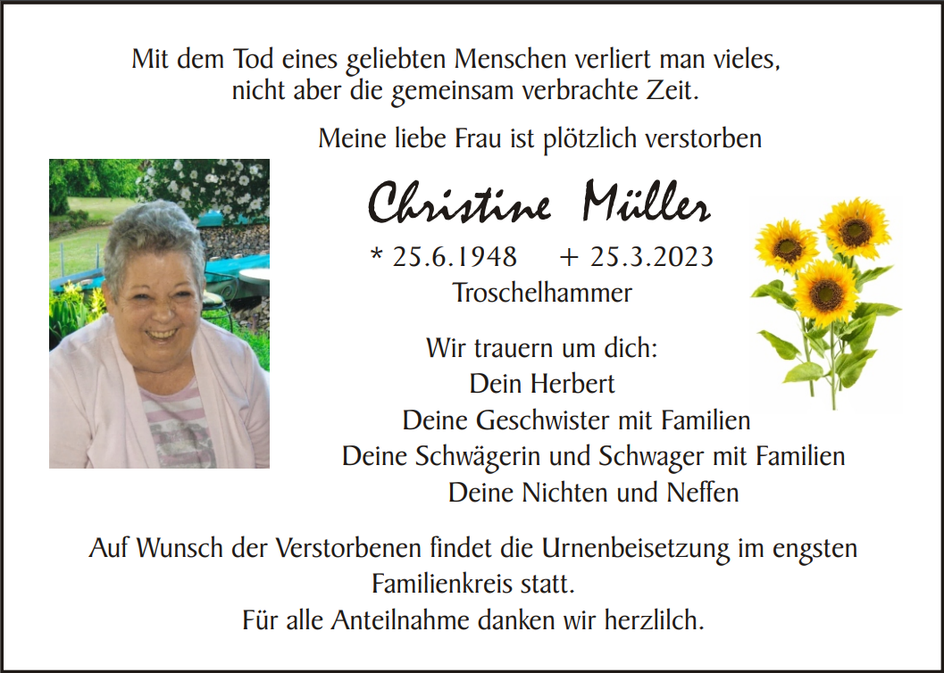 Traueranzeige Christine Müller, Troschelhammer