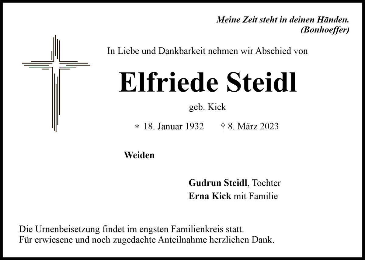 Traueranzeige Elfriede Steidl, Weiden