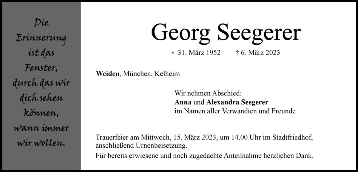 Traueranzeige Georg Seegerer, Weiden