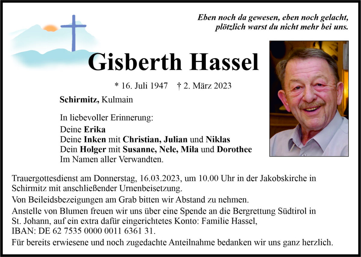 Traueranzeige Gisberth Hassel, Schirmitz