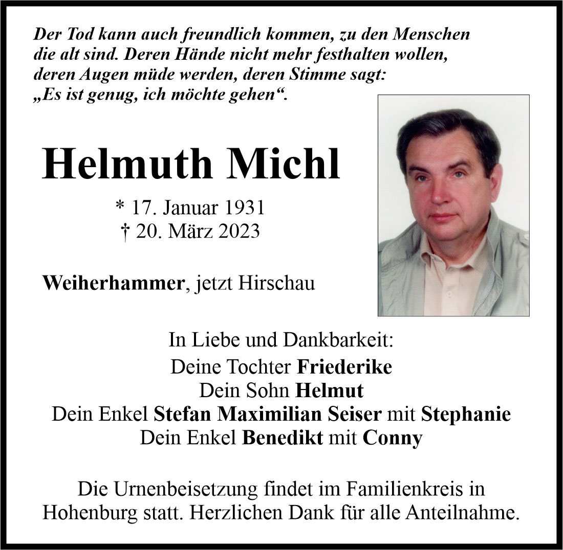 Traueranzeige Helmuth Michl, Weiherhammer