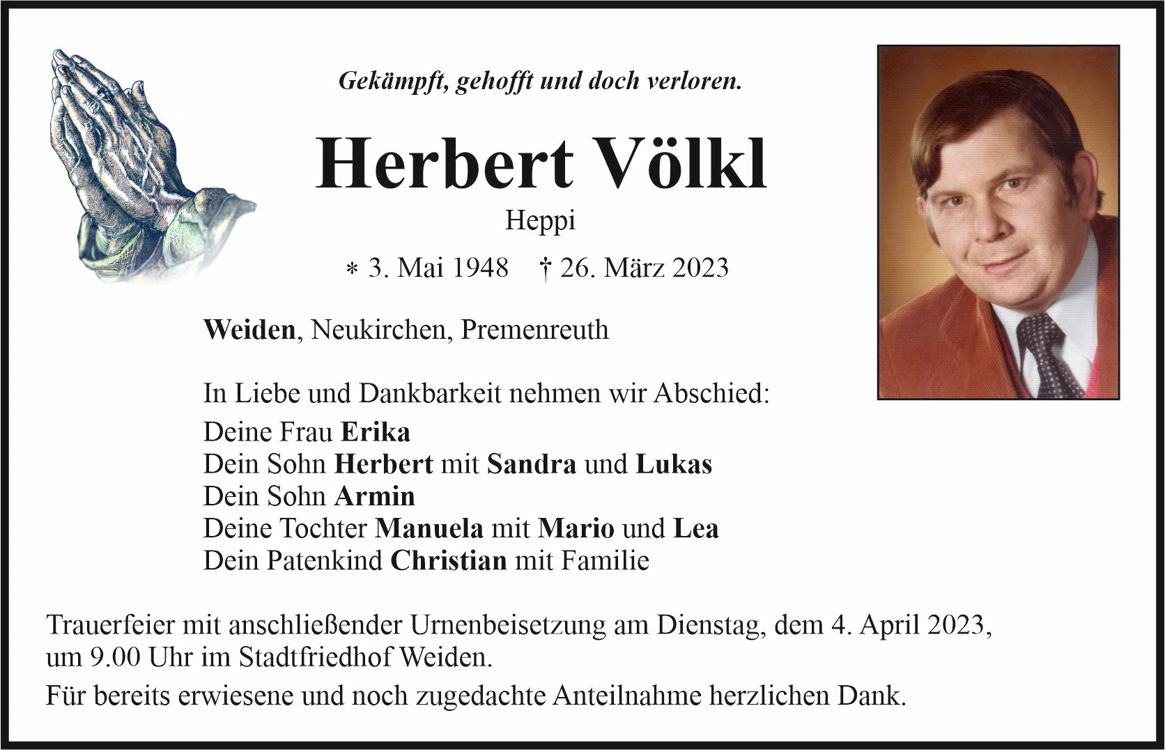 Traueranzeige Herbert Völkl, Weiden