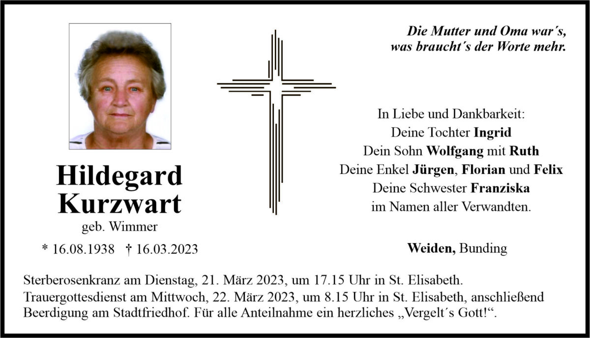 Traueranzeige Hildegard Kurzwart, Weiden