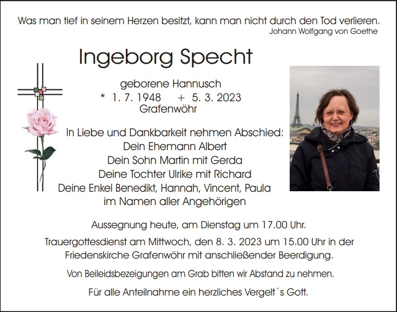 Traueranzeige Ingeborg Specht, Grafenwöhr