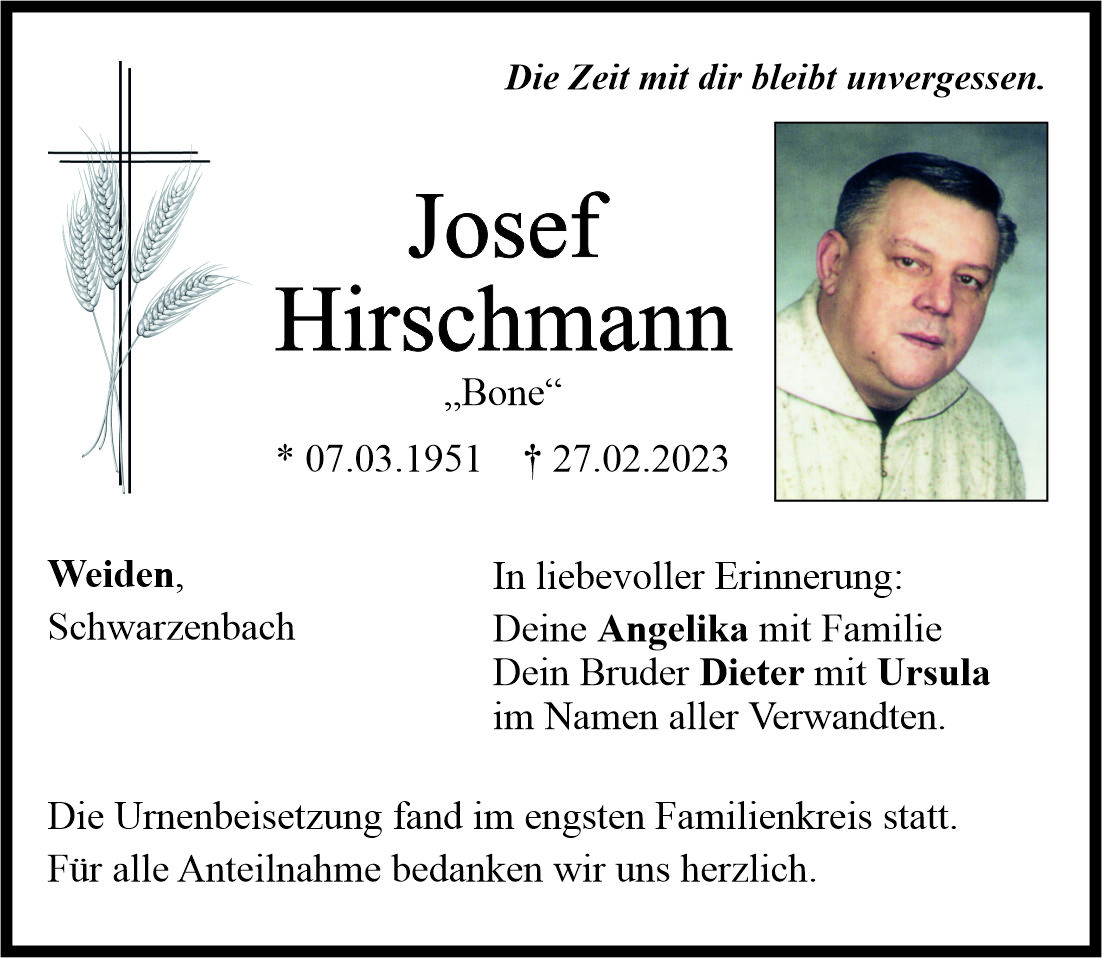 Traueranzeige Josef Hirschmann, Weiden