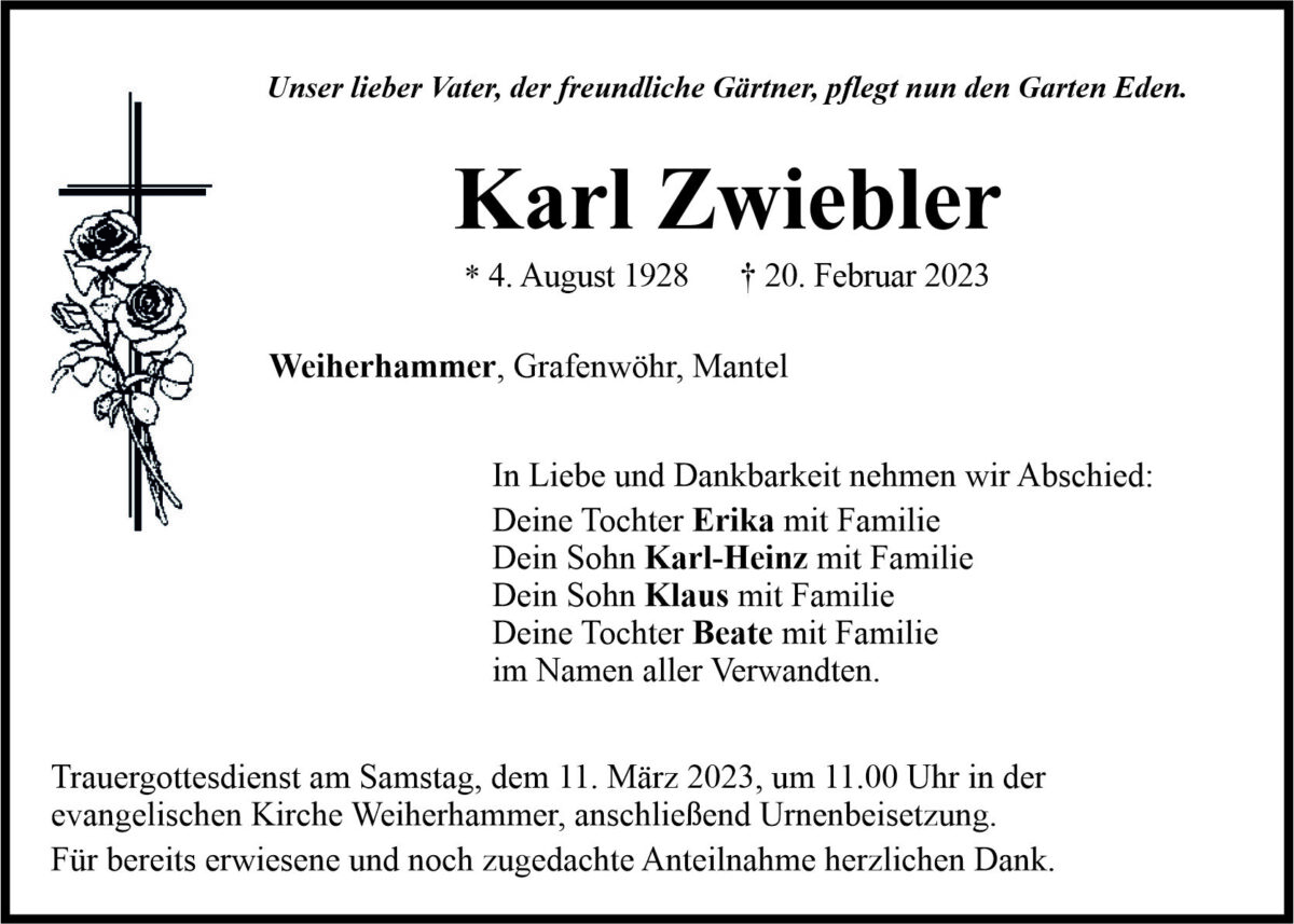 Traueranzeige Karl Zwiebler, Weiherhammer