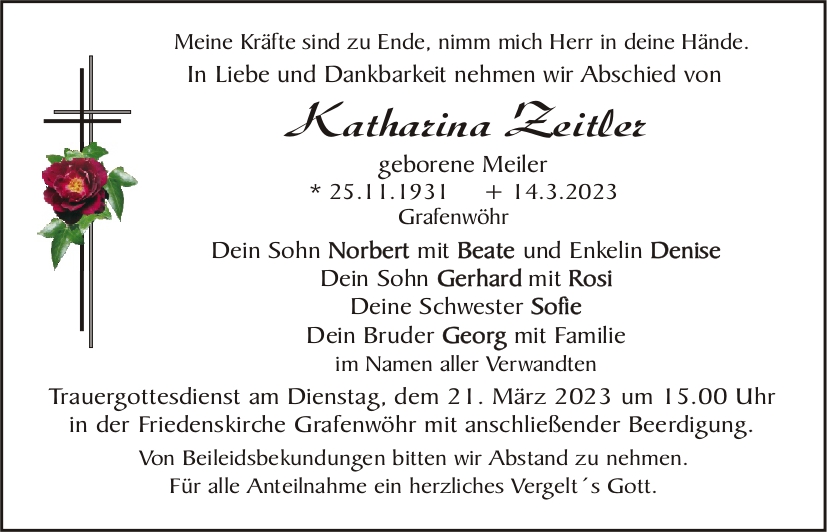 Traueranzeige Katharina Zeitler, Grafenwöhr