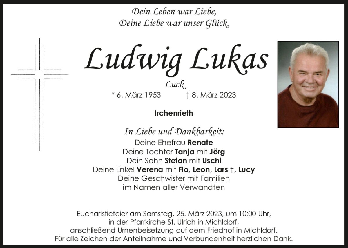 Traueranzeige Ludwig Lukas, Irchenrieth