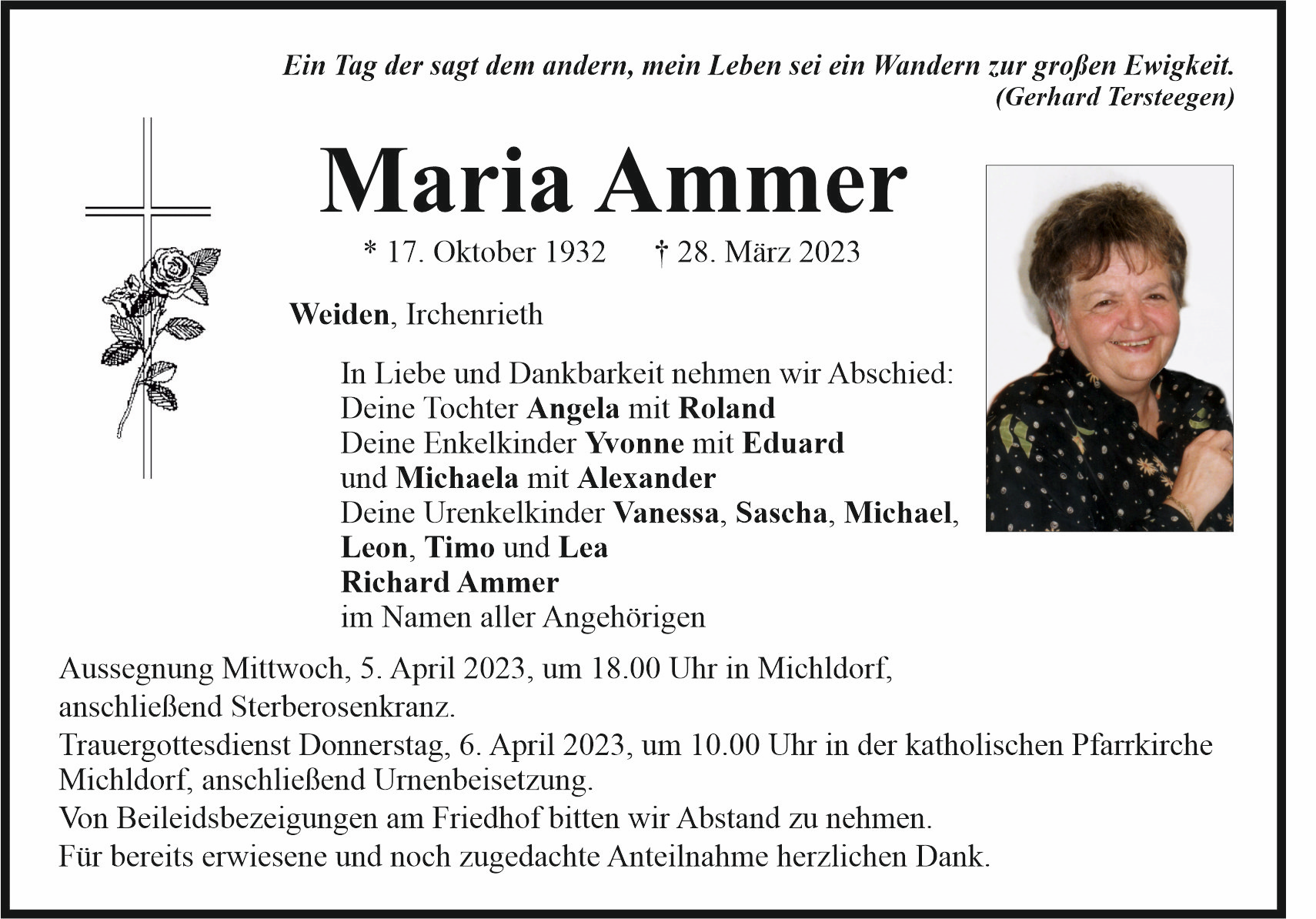 Traueranzeige Maria Ammer, Weiden