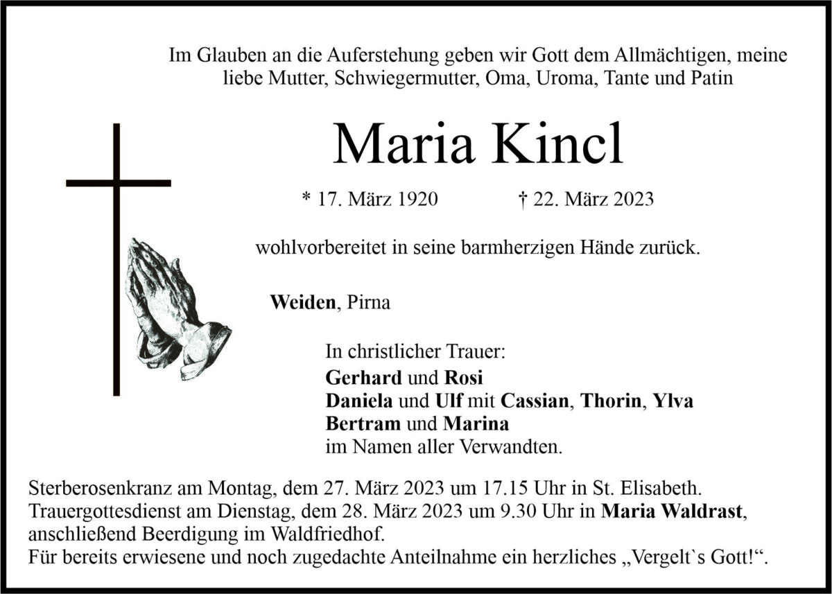 Traueranzeige Maria Kincl, Weiden