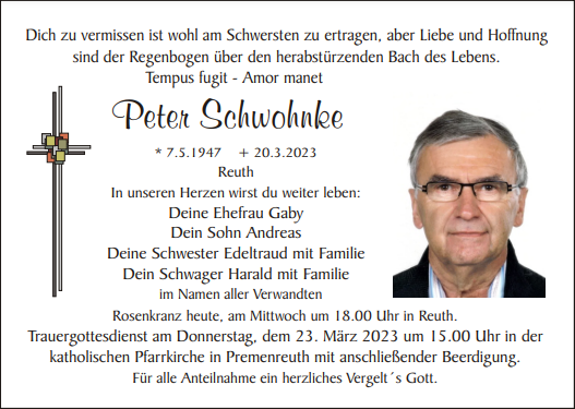 Traueranzeige Peter Schwohnke, Reuth