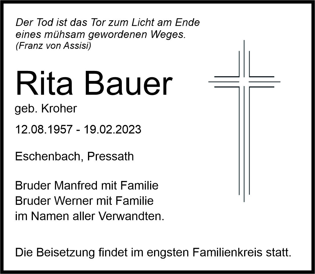 Traueranzeige Rita Bauer, Eschenbach