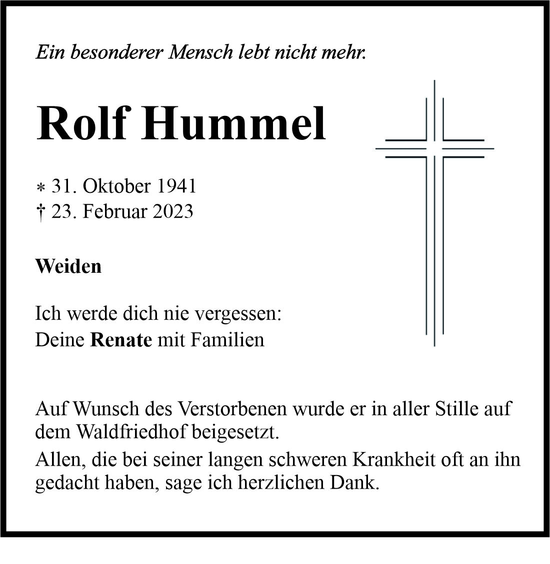 Traueranzeige Rolf Hummel, Weiden