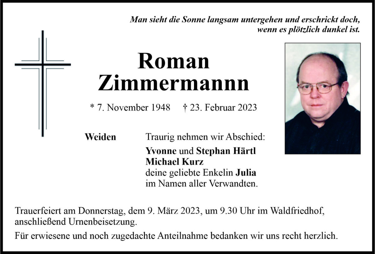 Traueranzeige Roman Zimmermann, Weiden