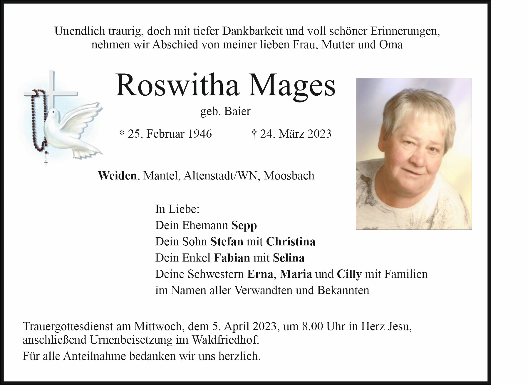 Traueranzeige Roswitha Mages, Weiden