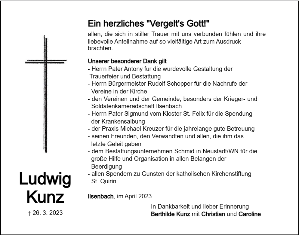 Danksagung Ludwig Kunz, Ilsenbach