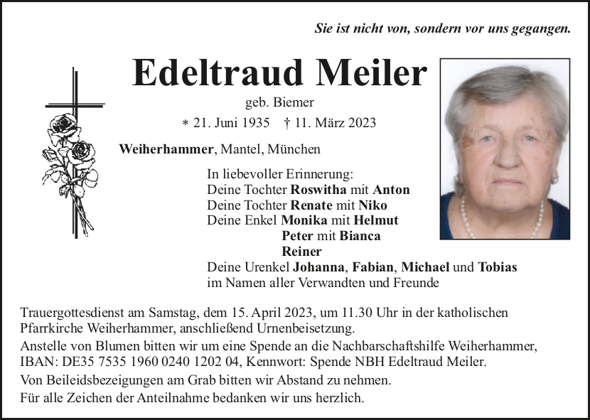 Traueranzeige Edeltraud Meiler, Weiherhammer