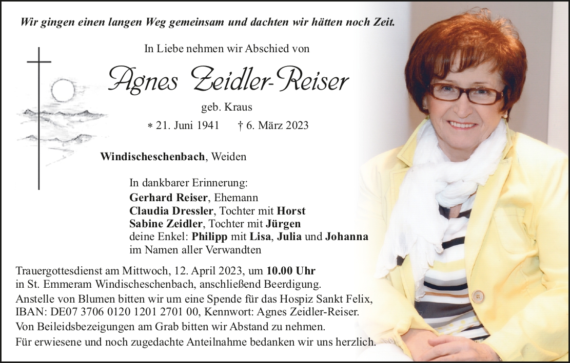 Traueranzeige Agnes Zeidler-Reiser, Windischeschenbach