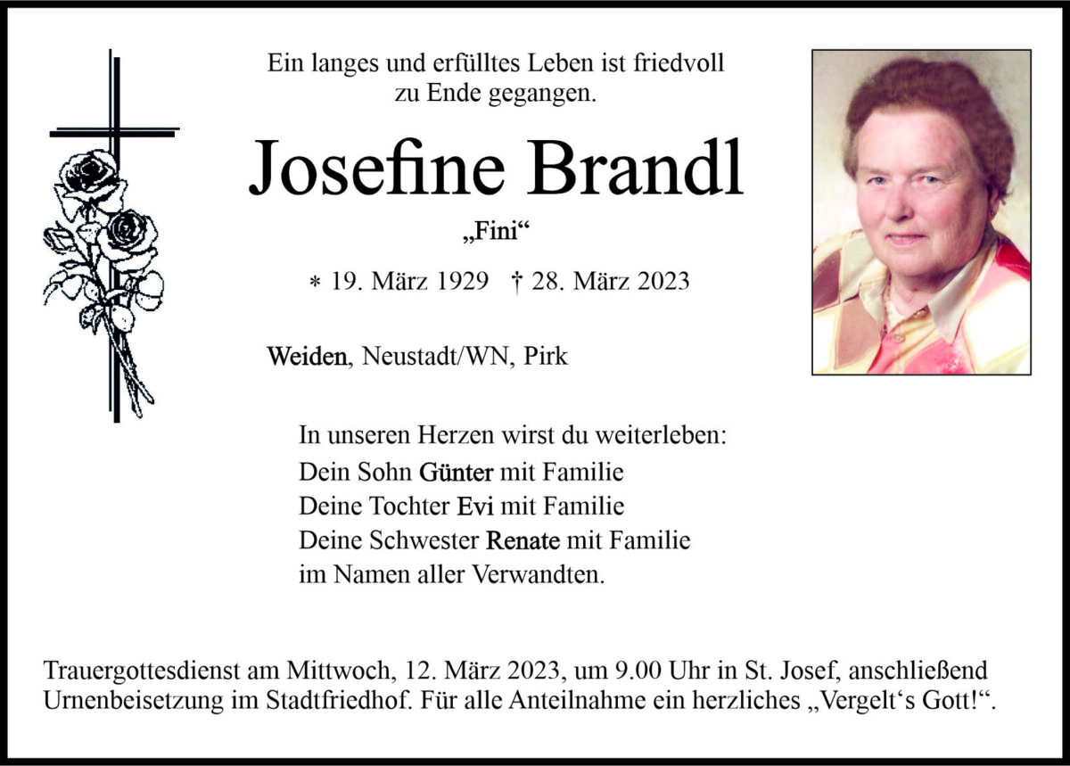 Todesanzeige Josefine Brandl, Weiden