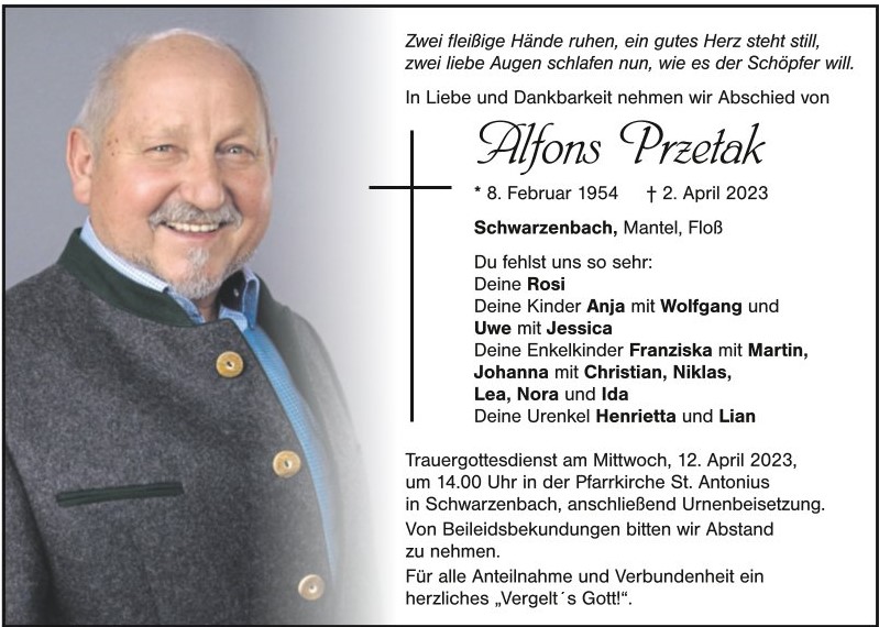 Traueranzeige Alfons Przetak, Schwarzenbach