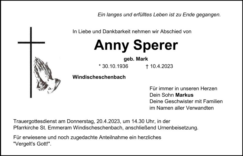 Traueranzeige Anny Sperer, Windischeschenbach
