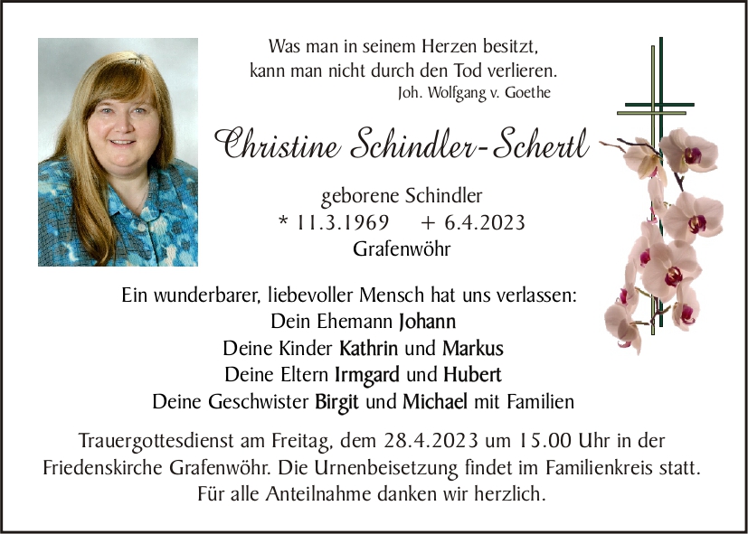 Traueranzeige Christine Schindler-Schertl, Grafenwöhr