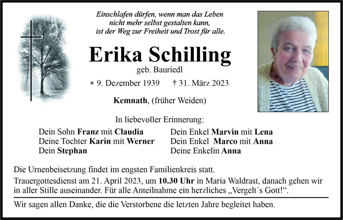 Traueranzeige Erika Schilling, Kemnath