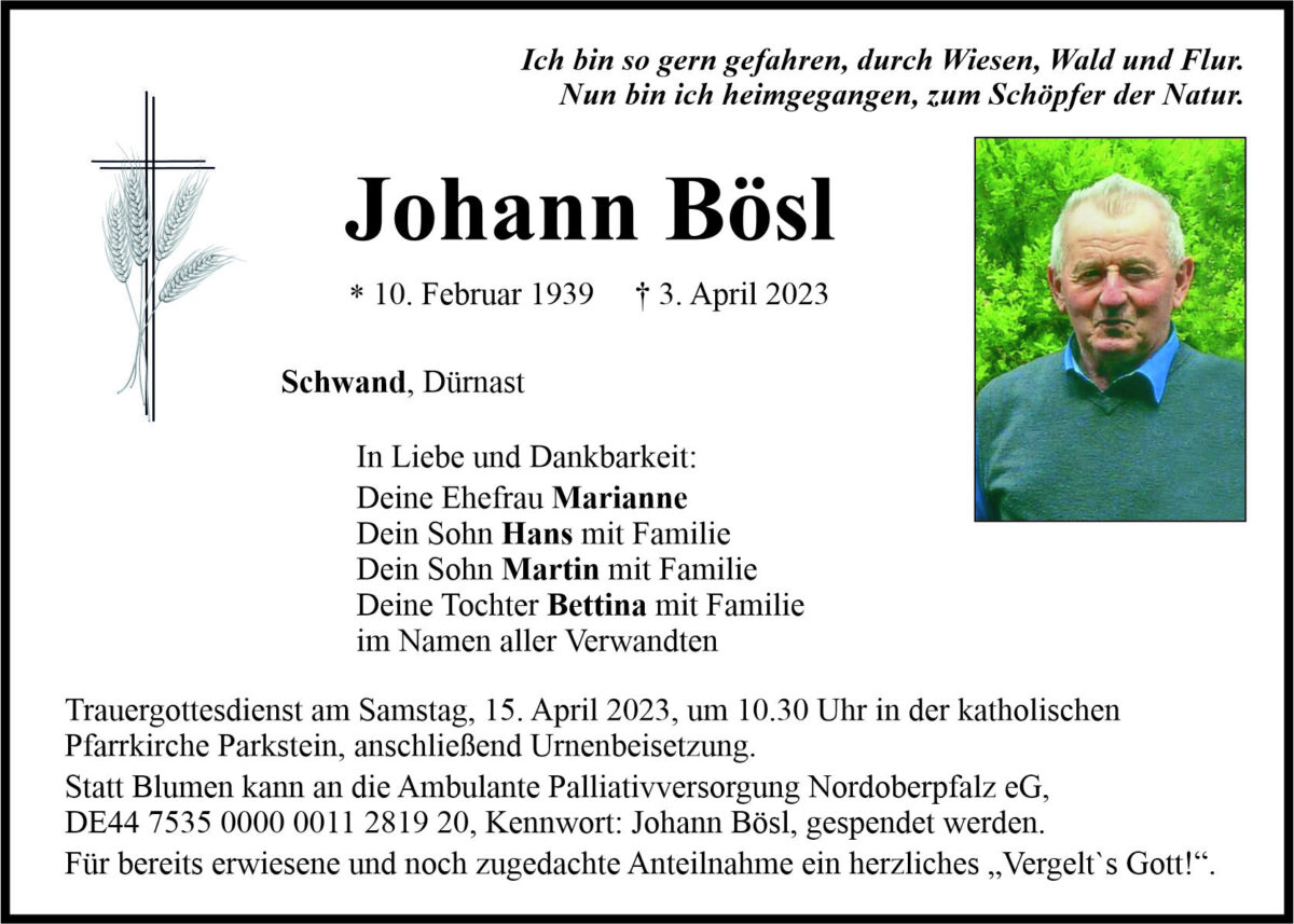 Traueranzeige Johann Bösl, Schwand