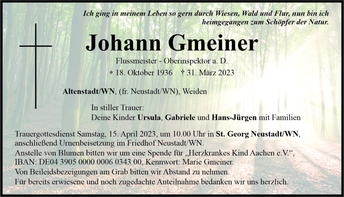 Todesanzeige Johann Gmeiner, Altenstadt/WN