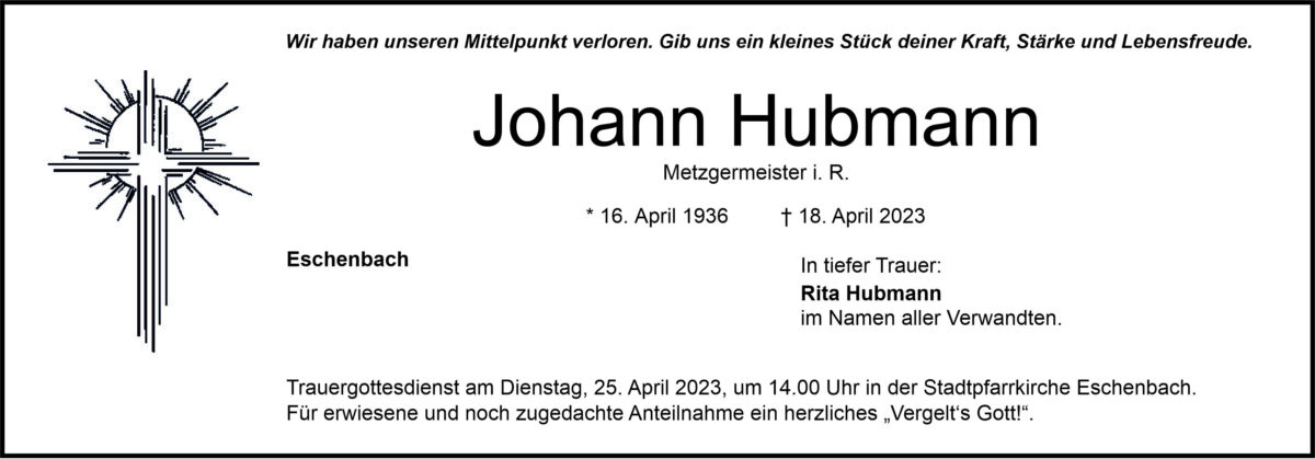 Traueranzeige Johann Hubmann, Eschenbach