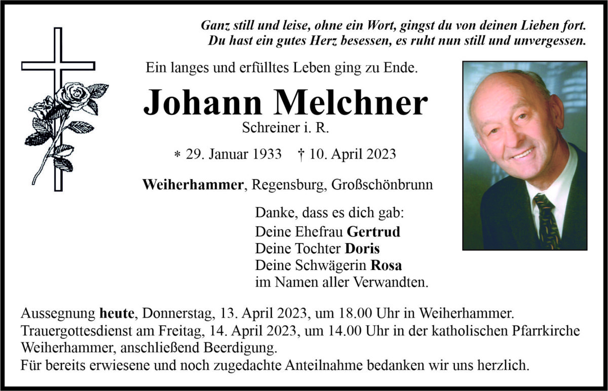 Traueranzeige Johann Melchner, Weiherhammer