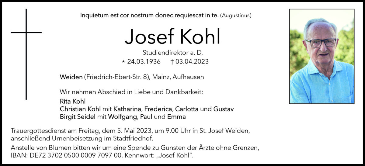 Traueranzeige Josef Kohl, Weiden