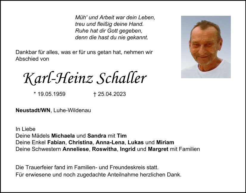 Traueranzeige Karl-Heinz Schaller, Neustadt/WN