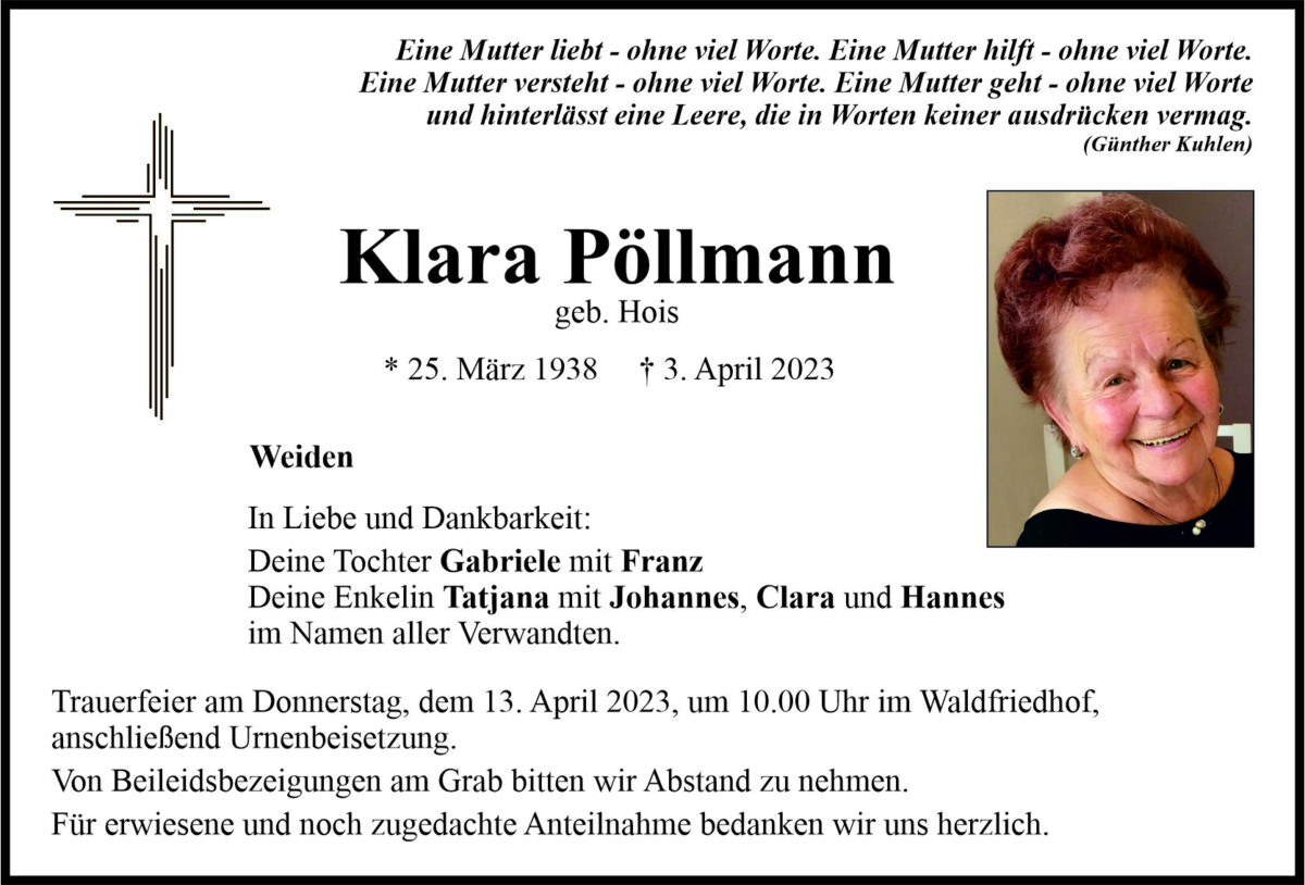 Traueranzeige Klara Pöllmann, Weiden