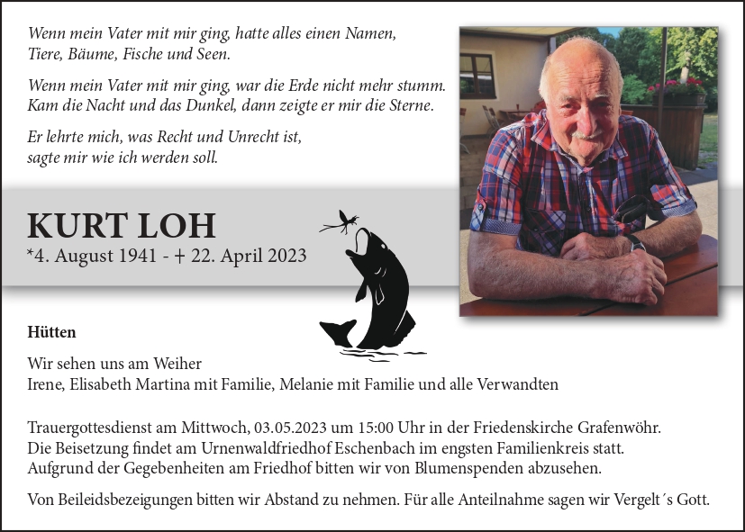 Traueranzeige Kurt Loh, Hütten