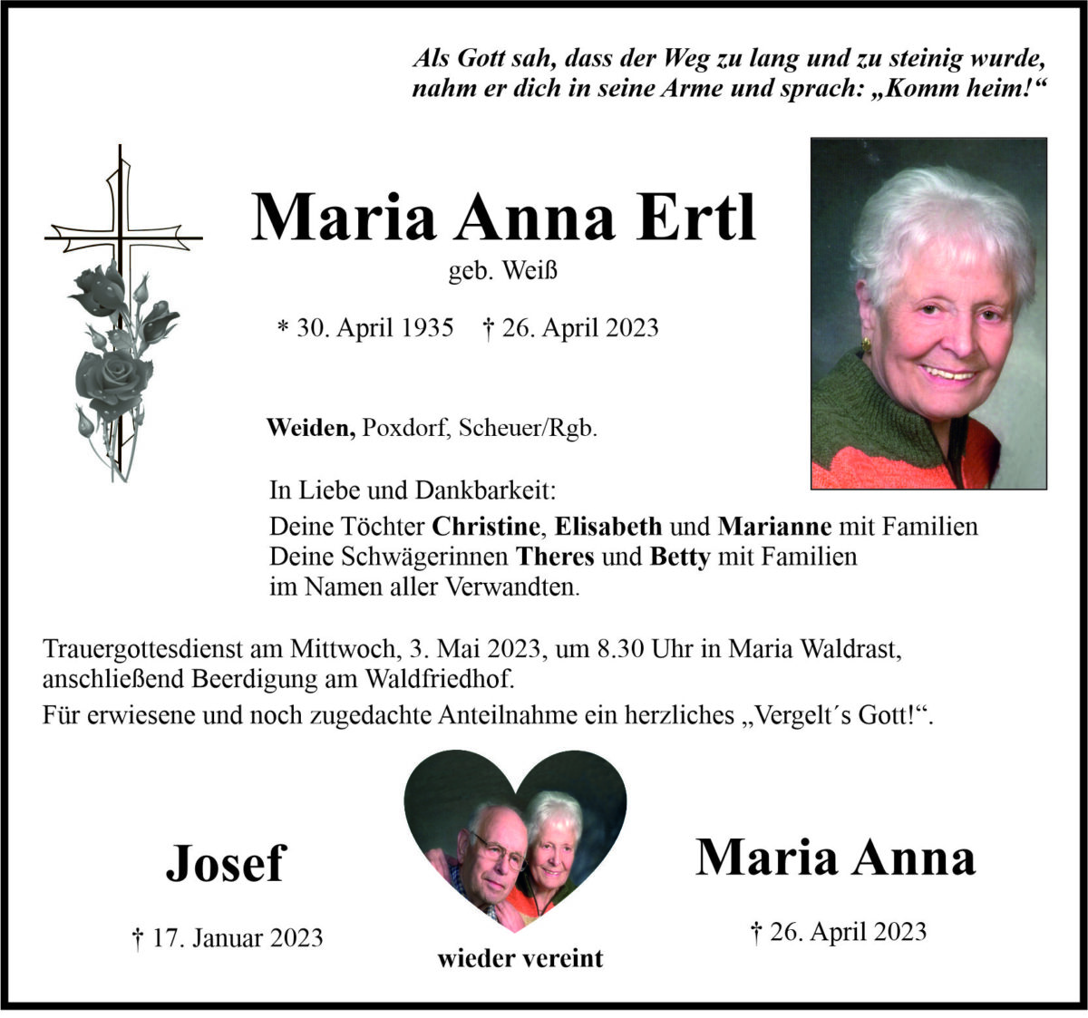 Traueranzeige Maria Anna Ertl, Weiden