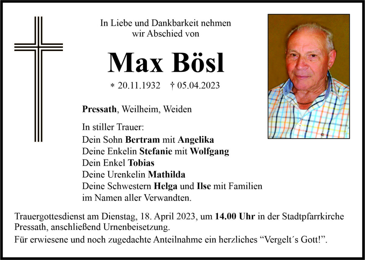 Traueranzeige Max Bösl, Weiden