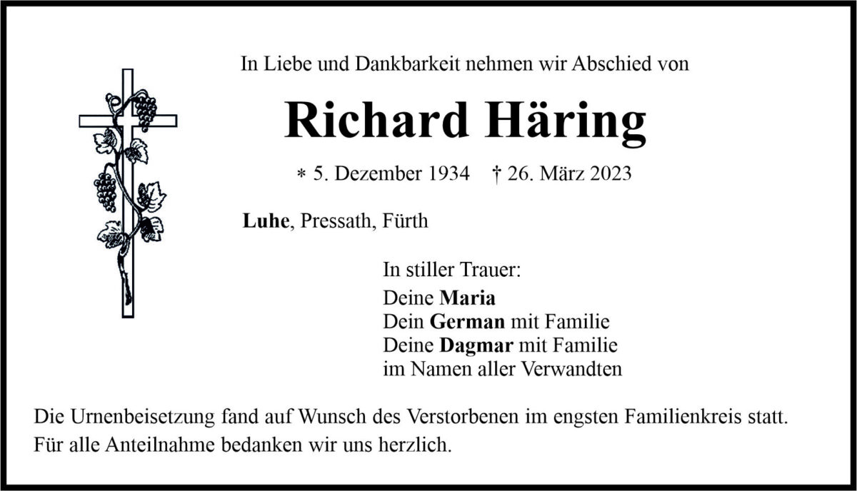 Traueranzeige Richard Häring, Luhe