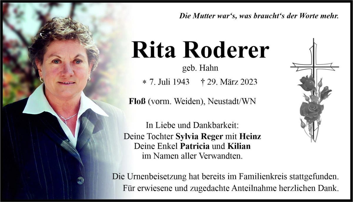 Traueranzeige Rita Roderer, Floß