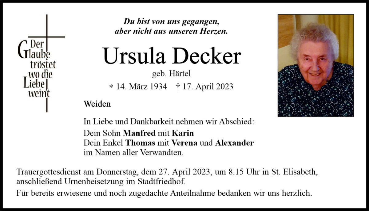 Traueranzeige Ursula Decker, Weiden