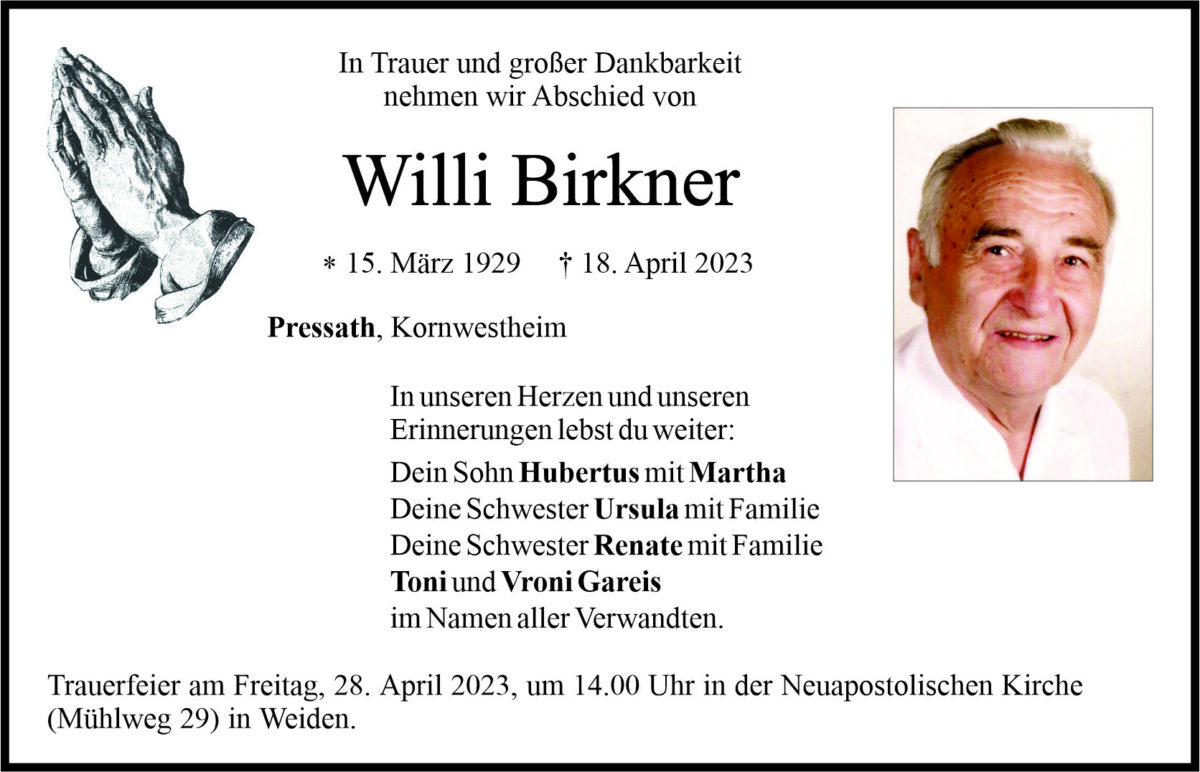 Traueranzeige Willi Birkner, Pressath