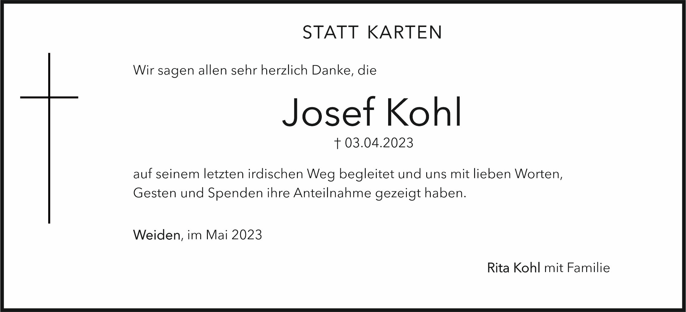 Danksagung Josef Kohl, Weiden