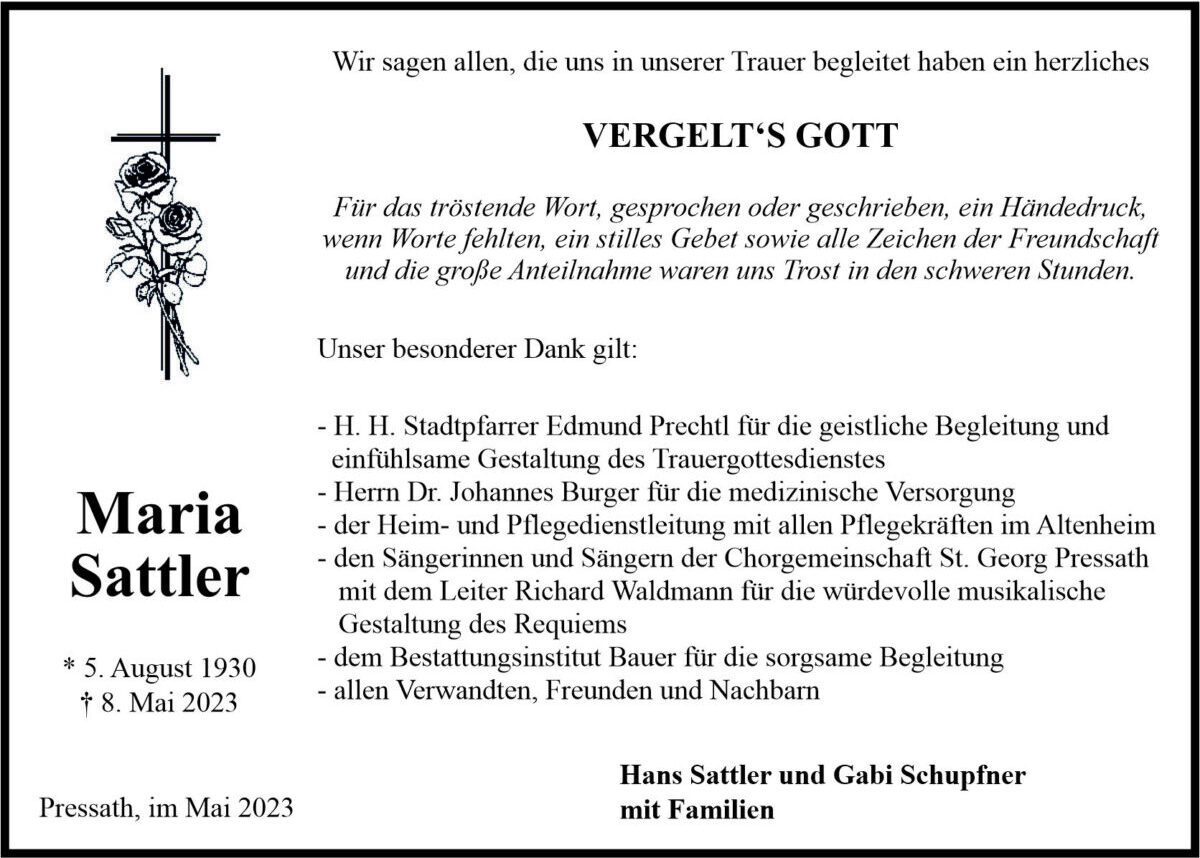 Danksagung Maria Sattler, Pressath