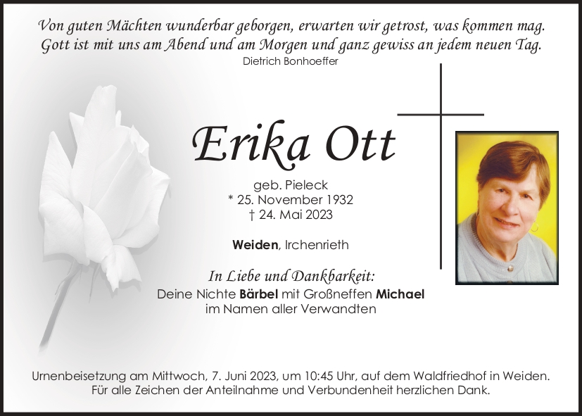 Traueranzeige Erika Ott, Weiden